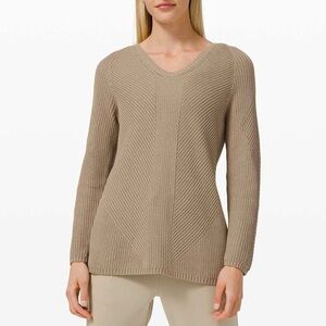 Lululemon Knit Blend Textured Pulllover V-Neck Sweater Tan Pima Cotton Sz 6 / M